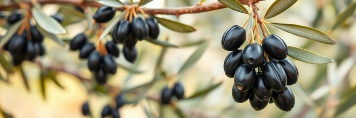 A bunch of fresh black olives hanging from a wooden tree branch, fruit, black olives, nature