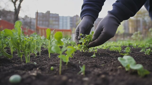 A person planting seeds in an urban community garden, symbolizing sustainability and community involvement, Urban garden scene