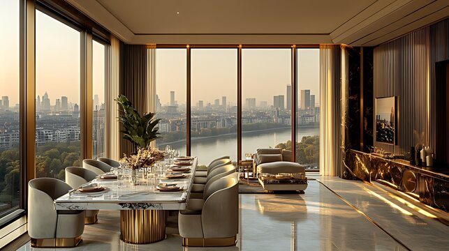 Luxurious London apartment sunrise dining room view