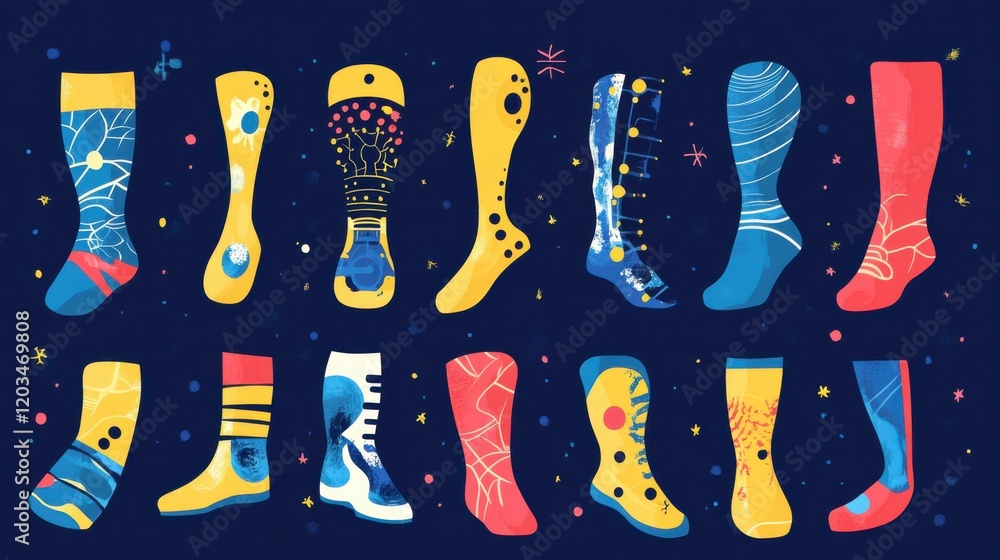Poster colorful collection of artistic socks displayed against a dark background with playful patterns