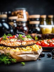 Delicious grilled salmon rests gently atop pasta in rustic paper packaging Warm light enhances rich colors. AI Generated