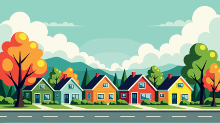 Colorful Suburban Homes with Autumn Trees and Mountains