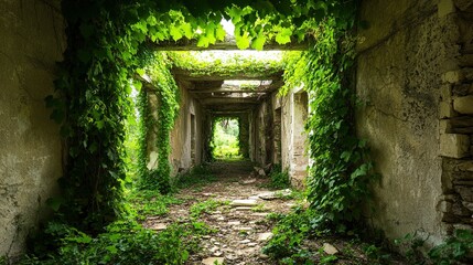 Ancient ruins enveloped by lush vines, showcasing nature's reclamation of historic architecture in a vibrant landscape.
