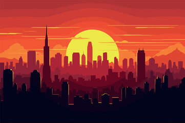 Fototapeta premium Vibrant Sunset Over Modern City Skyline