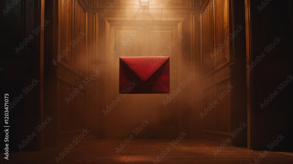 Poster red envelope floating in dimly lit hallway, creating mysterious atmosphere. scene evokes curiosity a