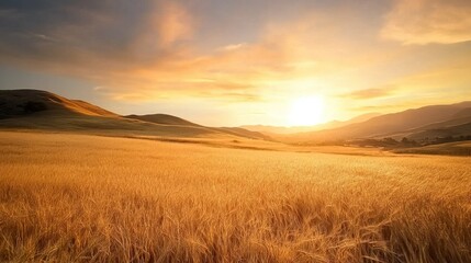 Obraz premium Serene Countryside Landscape, gentle rolling hills, golden fields stretching under a clear blue sky, tranquil rural charm inviting relaxation