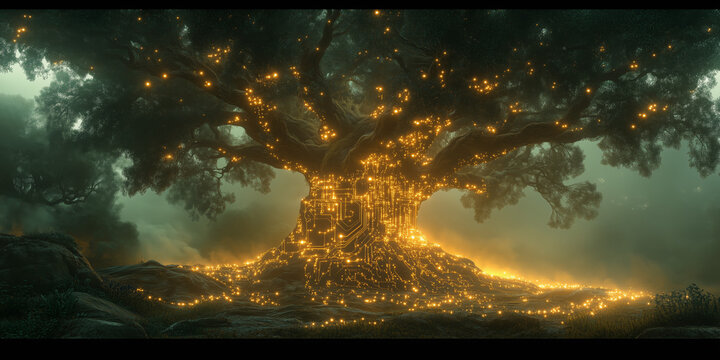 A ethereal tree crystallizing into circuit board in a misty dawn