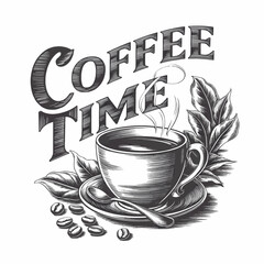 A vintage-style illustration of a cup of coffee with a saucer, surrounded by a few coffee beans. Above the cup, the words 'COFFEE
TIME' are prominently displayed in bold, ornate lettering