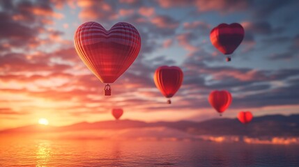 Fototapeta premium A whimsical scene of floating heart-shaped hot air balloons glowing in the sunset