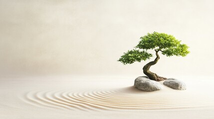 Tranquil Zen Garden, meticulously raked sand, serene bonsai tree, embodying harmony and balance in a calming landscape
