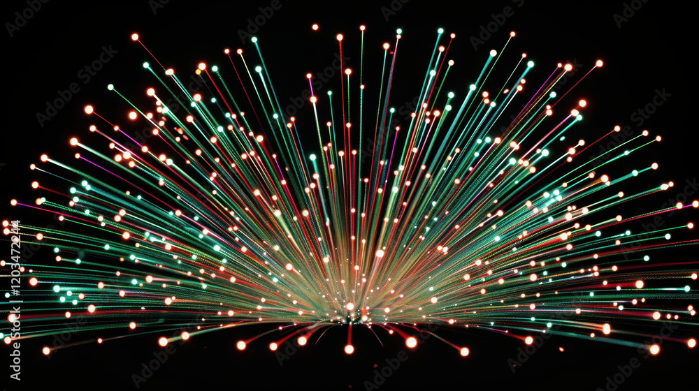 Poster colorful light display with glowing particles radiating outward, creating vibrant and dynamic visual