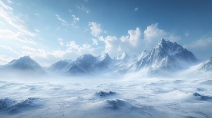 Snow-covered mountain range with a serene sky for text placement 