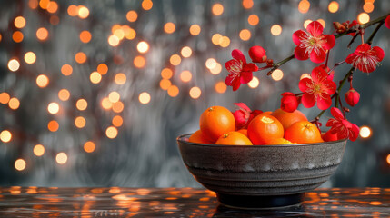 Naklejka premium Fresh oranges in decorative bowl with cherry blossoms against blurred background of warm lights create vibrant and festive atmosphere