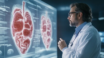 Physician exploring innovative 3D-printed organ models on advanced interactive display in a state-of-the-art healthcare laboratory