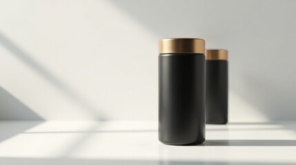 Elegant black containers with gold lids on a white surface