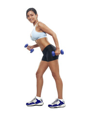 Fitness workout woman training hold dumbell isolated on transparent layered background.