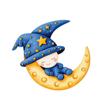 recommend clip art: Cartoon Baby Sleeping on Moon with Nightcap and Celestial Elements