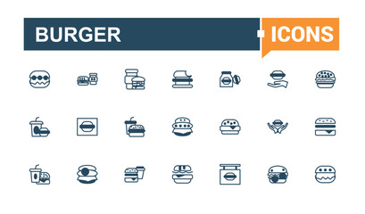 Burger line web icon set. Contains related to burger, bun, fast food, element, sandwich and more. Simple web icons. Vector illustration in modern line style.