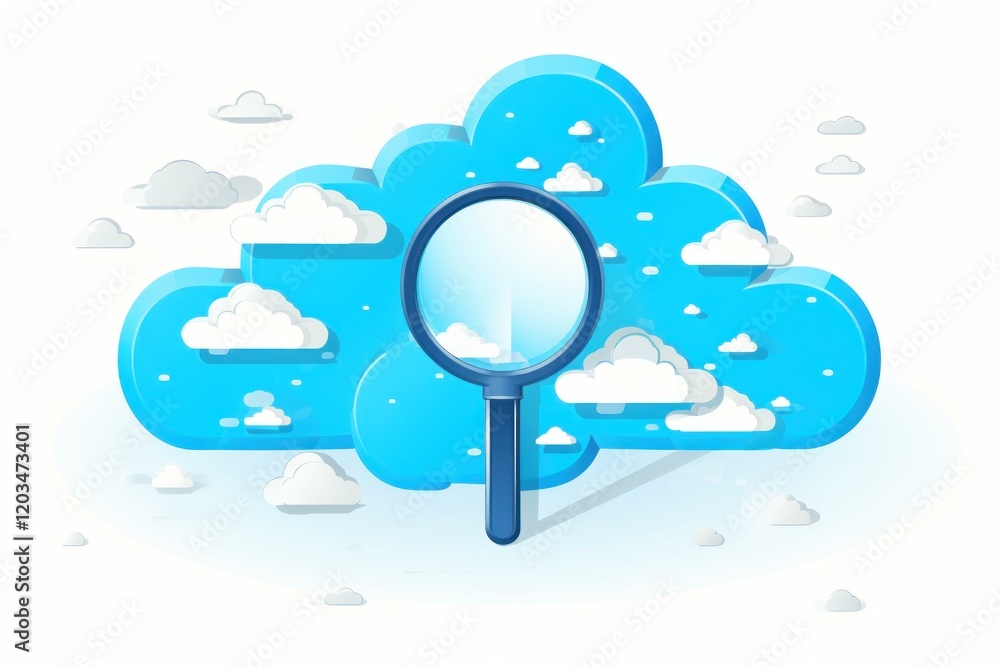 Poster magnifying glass exploring data on a cloud computing platform, symbolizing cloud data search, analys