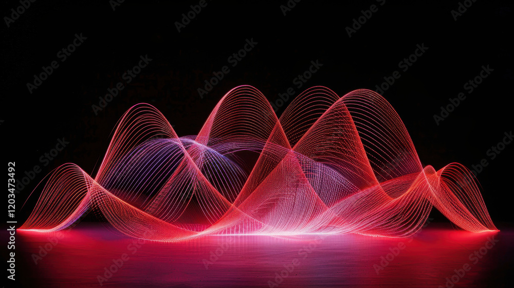 Poster abstract light waves in red and purple colors create dynamic visual effect, showcasing fluid motion 