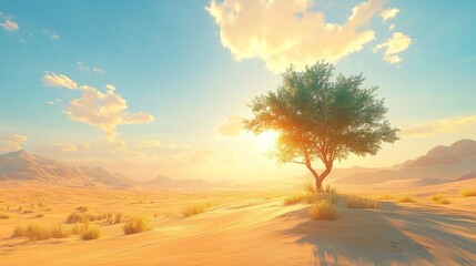 Obraz premium Sunlit desert with a single tree, open horizon for copy