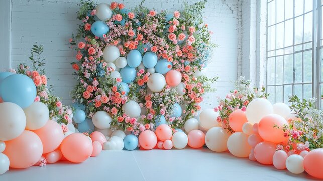 Colorful balloons and vibrant flowers blend harmoniously on a brick wall, creating a whimsical backdrop perfect for joyful gatherings during springtime festivities