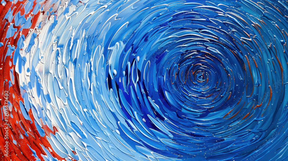 Poster abstract swirling blue and red painting with textured brush strokes, creating dynamic and vibrant vi