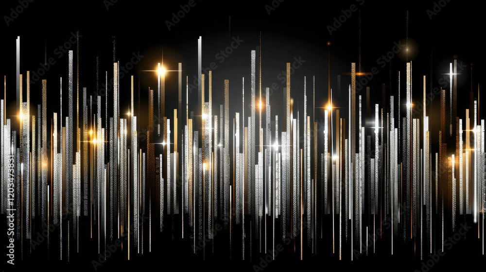 Poster abstract digital art with vertical lines and sparkling lights on black background, creating vibrant 