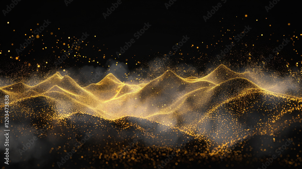 Poster mesmerizing landscape of golden particles creating mountain like formation, evoking sense of wonder 