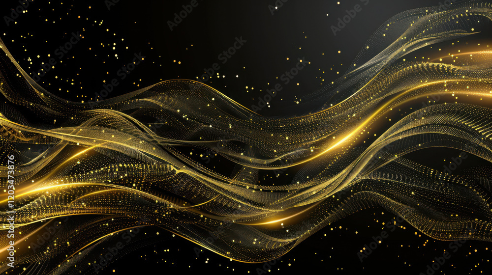 Poster elegant golden waves with sparkling particles on dark background create mesmerizing visual effect, p