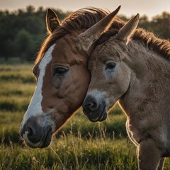 Fototapeta premium A foal nuzzling its mother in a serene pasture.