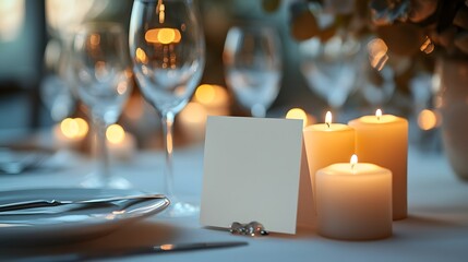 Elegant table place setting designed for a wedding or special event showcasing fine tableware soft candlelight and a blank menu card creating a romantic atmosphere for memorable occasions