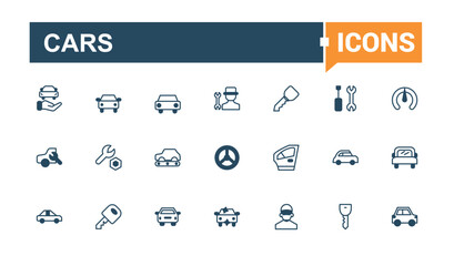Cars icons. It contains symbols to wheel, service, transport, auto, eco and more. Isolated icons design. Solid line editable vector illustration.