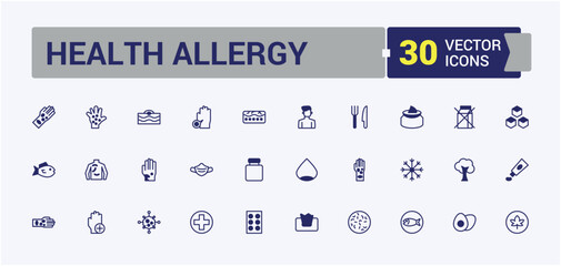 Health Allergy vector line icon set. Includes icons for cough, insect, allergic, pain, flu and more. Set of line pictogram. Editable vector outline and solid icons.