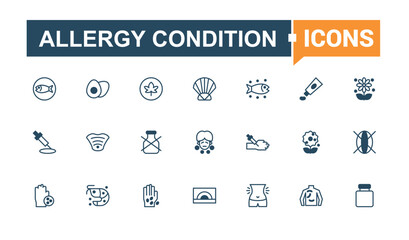 Allergy Condition thin line icon set. Containing dog, illness, pollen, head, care, food and more. Minimal linear icons. Vector outline and solid icons collection.
