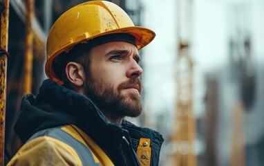 Fototapeta premium A portrait of a man in construction gear, symbolizing a builder, with a blurred background of a construction site.