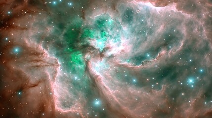 Fototapeta premium A swirling bombardment of glowing emerald dust and pale pink clouds