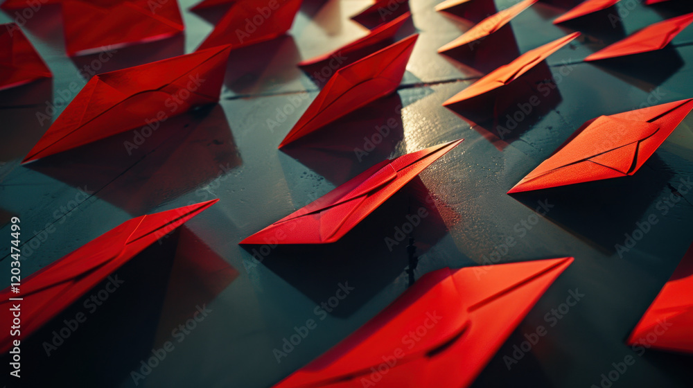 Poster red envelopes scattered on reflective surface create vibrant and artistic display. arrangement showc