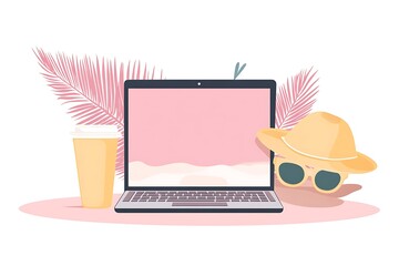 Tropical Summer Workspace with Laptop and Accessories