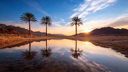 Tranquil Desert Oasis with Palm Reflections in Serene Water Pool
