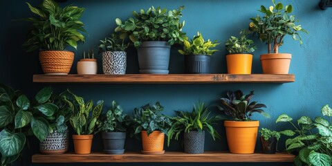 Vibrant indoor plant display on bright storage wall modern home contemporary design cozy atmosphere aesthetic showcase