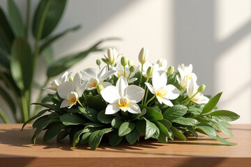 Orchid arrangement with white flowers on wooden table