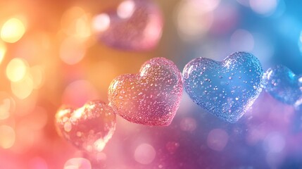 A whimsical swirl of glowing heart-shaped bubbles in a pastel rainbow mist