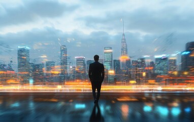 A man in a suit, symbolizing a businessman, with a blurred city skyline in the background.