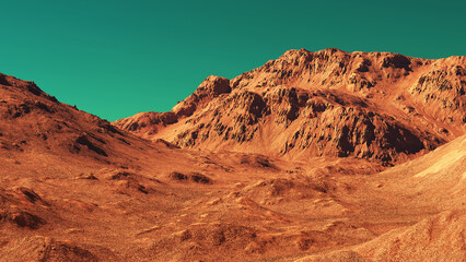 Planet mars illustration, orange red eroded mars surface, science fiction 3D illustration background. © Cobalt