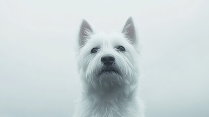 A graphic cut-out of a West Highland white terrier with perked ears and playful expression, smooth fur texture, minimalistic design with intricate fur patterns