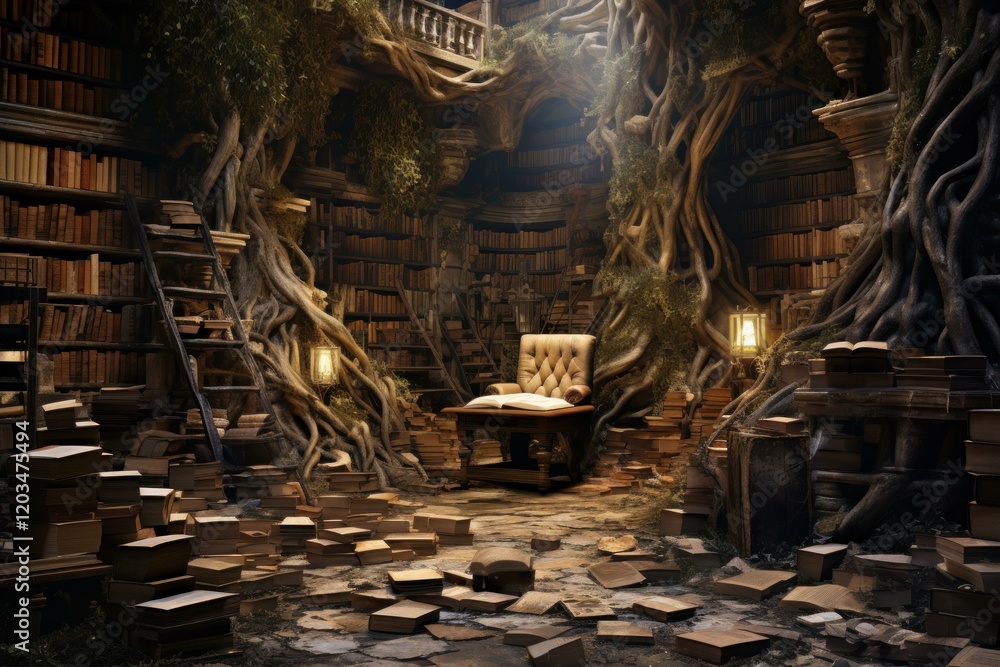 Poster big tree roots growing through bookshelves and stone floor in old fantasy library with open book on 