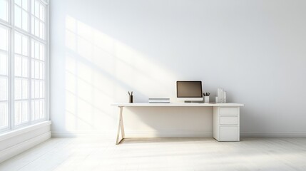 Minimalist Workspace with Computer and Natural Light in Modern Design