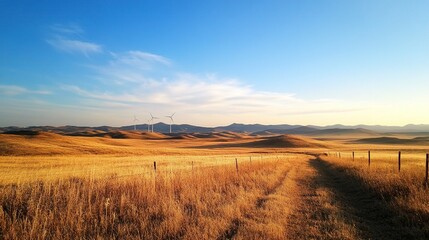 Obraz premium Vast countryside with gentle hills, towering wind turbines, expansive blue skies, serene and inviting landscape, peaceful rural setting