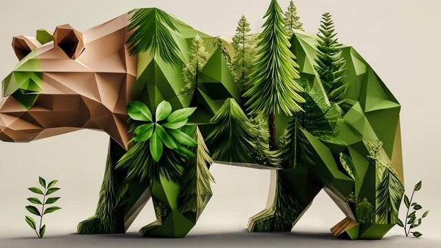 Geometric forest bear: nature-inspired polygon art with lush greenery
